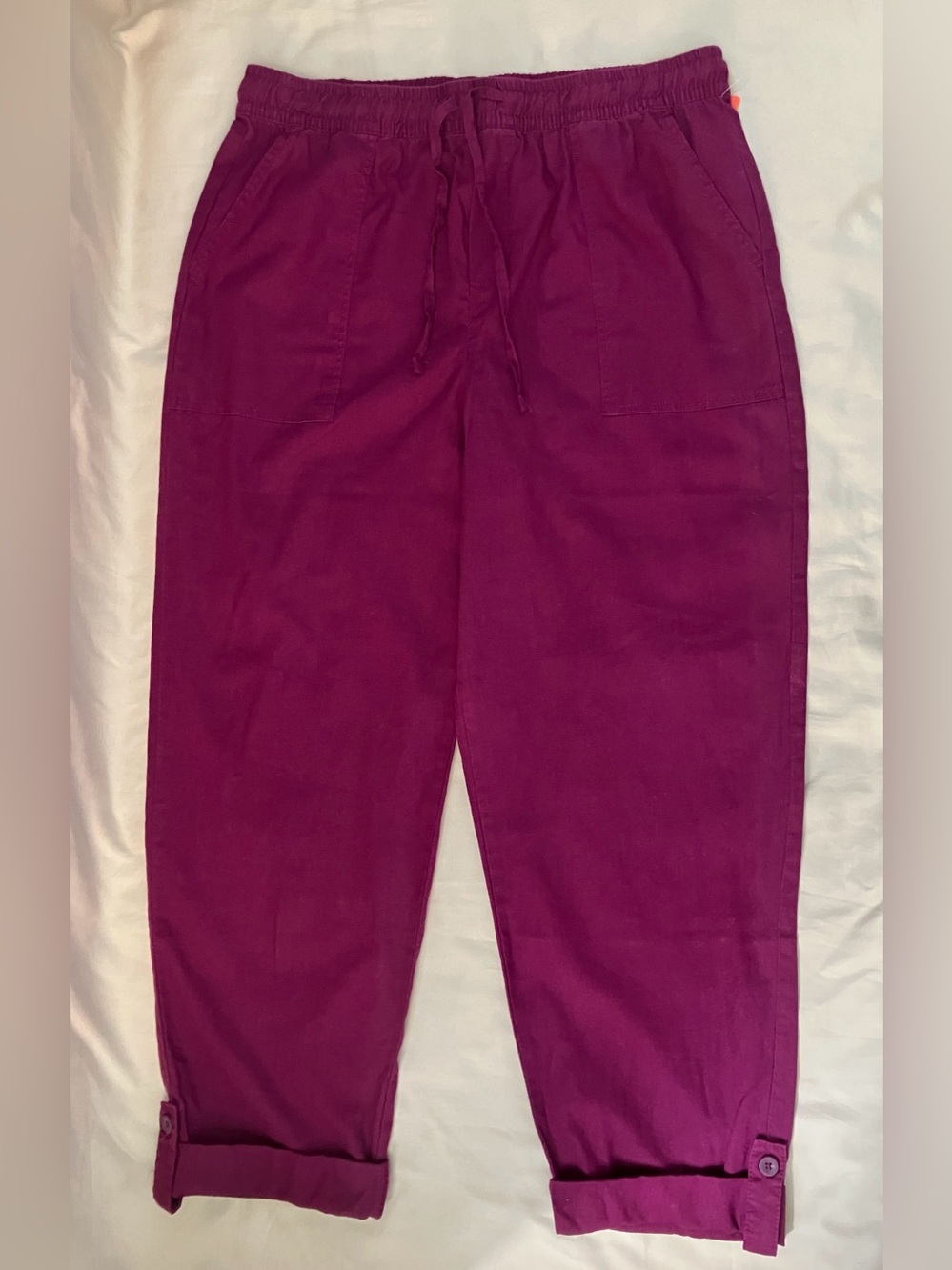 Joe Fresh Linen Cotton Roll Cuff Pants M Plum Jewel Tone Drawstring NWT